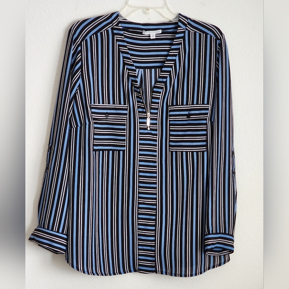 Notations Women's Striped Pullover 1/4 Zip Pockets Long Sleeves Sz 2X